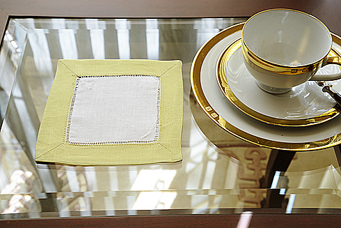 White Hemstitch Cocktail Napkin 6" with Melllow Green border - Click Image to Close
